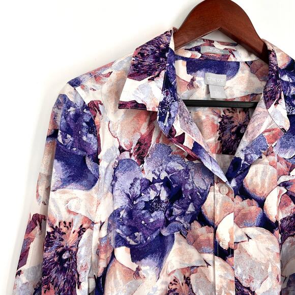Chicos Chic Stretch No Iron LARGE 2 US 12 Purple Pink Formal Tropical Shirt Top - Picture 3 of 8